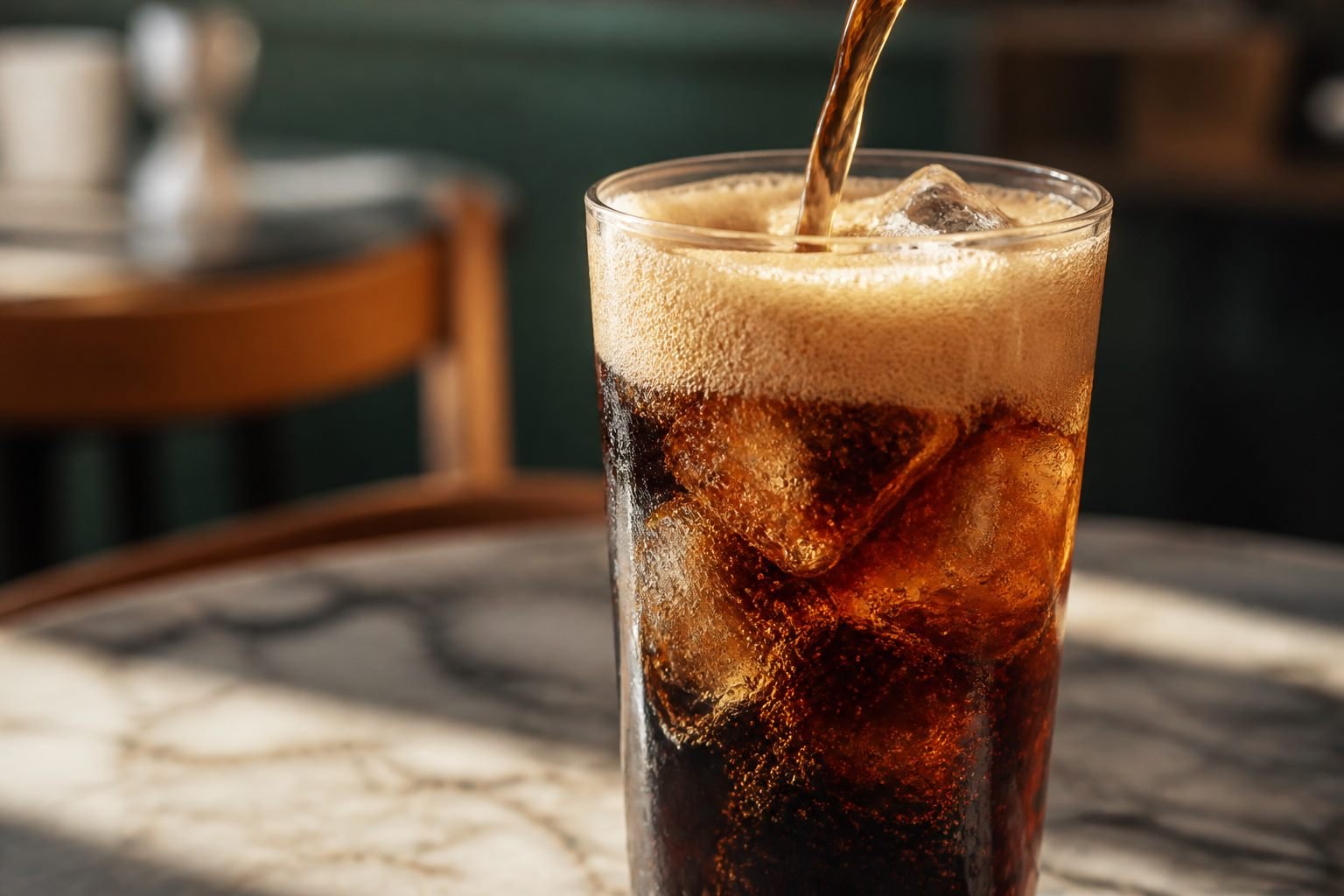 Cola being poured into an ice-filled glass of Argentine fernet with a foamy head.