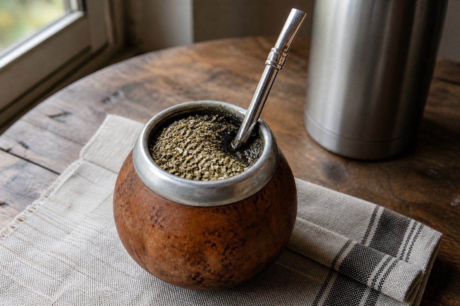 Traditional Argentine yerba mate prepared in a calabash gourd with a stainless-steel bombilla.