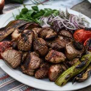 Armenian khorovats grilled pork with fire-roasted vegetables, onion, herbs, and lavash.