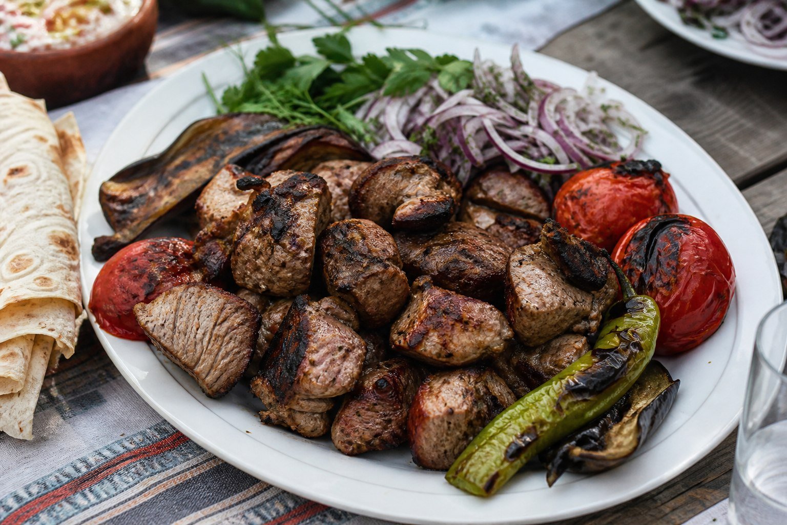 Armenian khorovats grilled pork with fire-roasted vegetables, onion, herbs, and lavash.