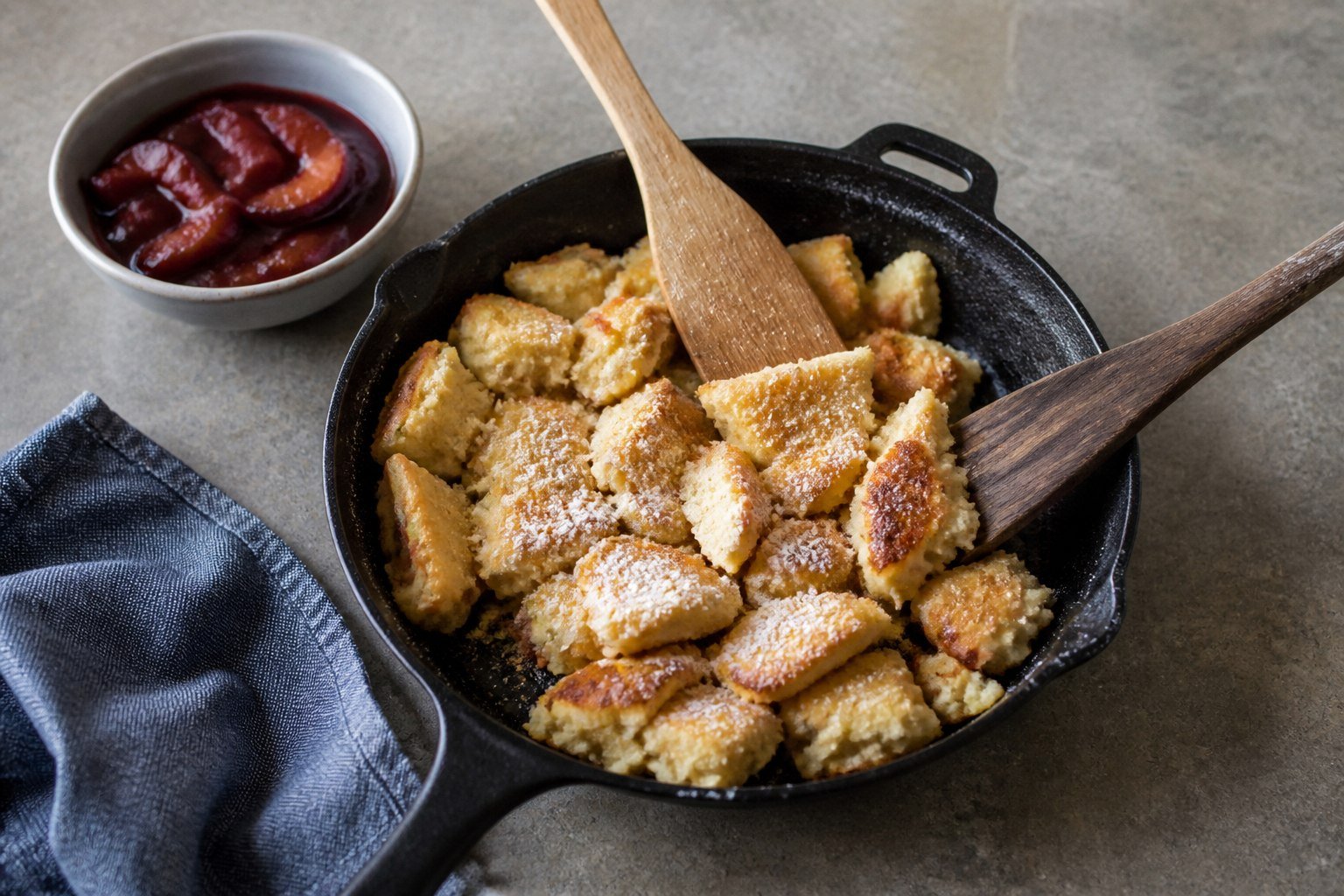 Kaiserschmarrn torn into irregular pieces in a cast-iron skillet with plum compote.