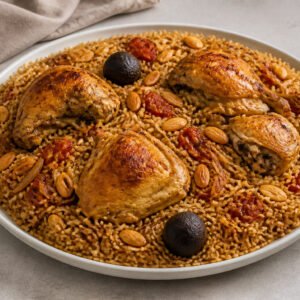 Bahraini chicken machboos with spiced rice, roasted chicken, almonds, and dried lime.