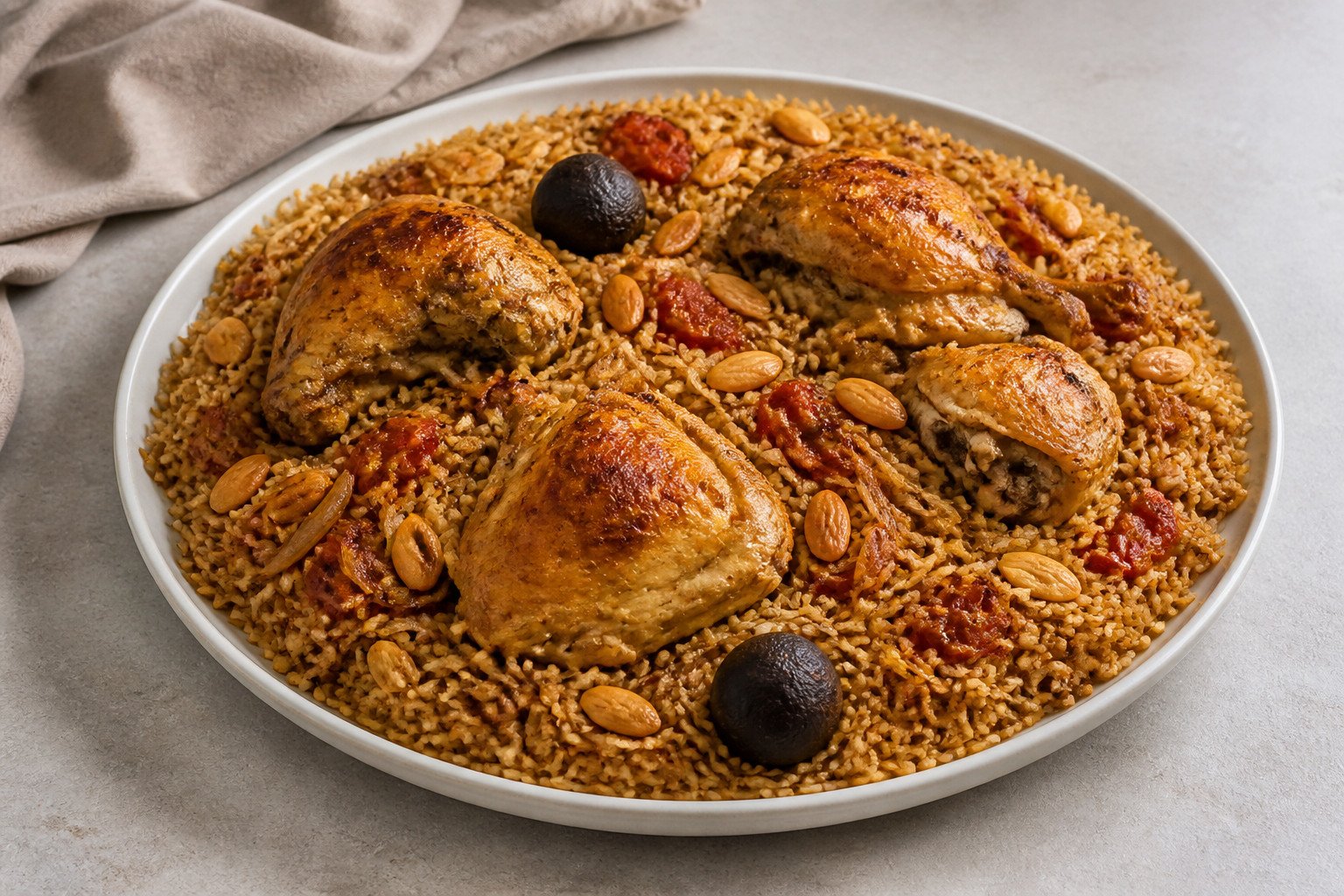 Bahraini chicken machboos with spiced rice, roasted chicken, almonds, and dried lime.