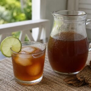 Chilled Bajan mauby bark drink in a glass and pitcher with lime and ice.