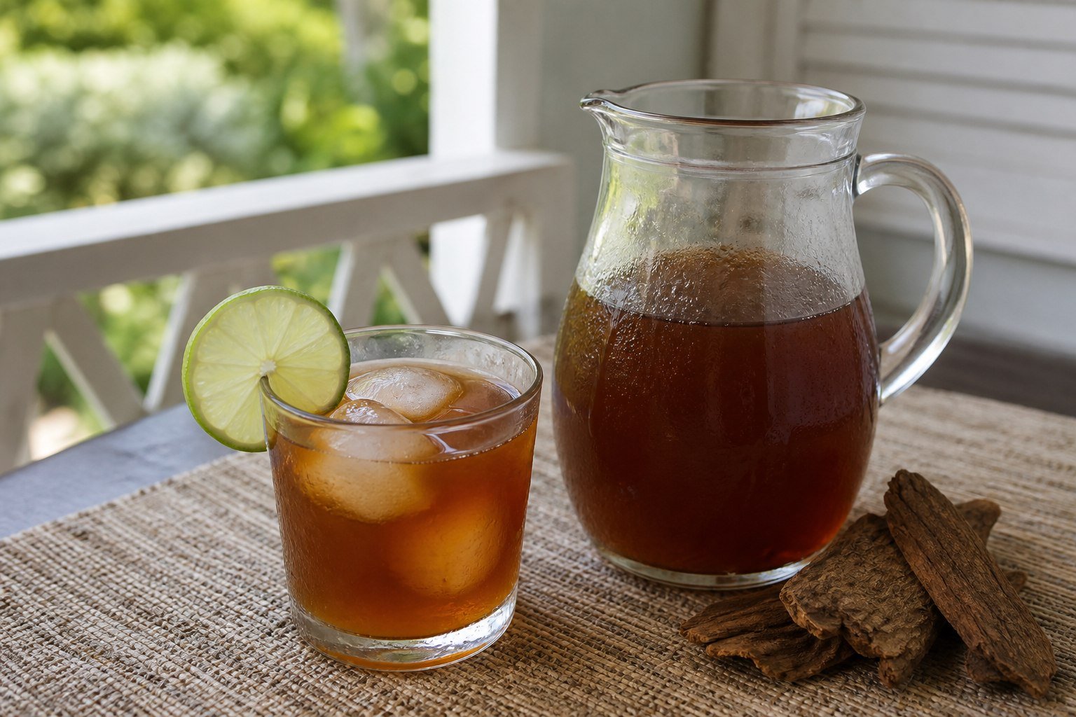 Chilled Bajan mauby bark drink in a glass and pitcher with lime and ice.