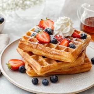 Crisp Belgian waffles stacked with strawberries, blueberries, whipped cream, and syrup.
