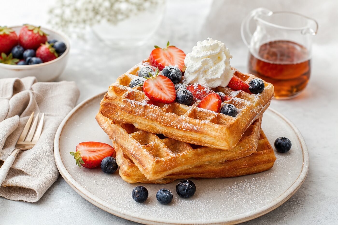 Crisp Belgian waffles stacked with strawberries, blueberries, whipped cream, and syrup.