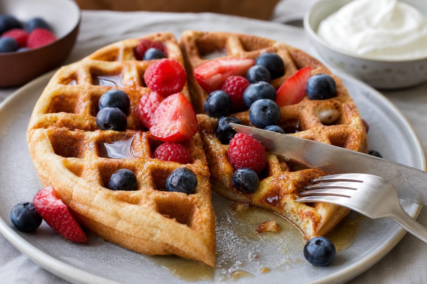 A crisp Belgian waffle served with berries, whipped cream, and maple syrup.