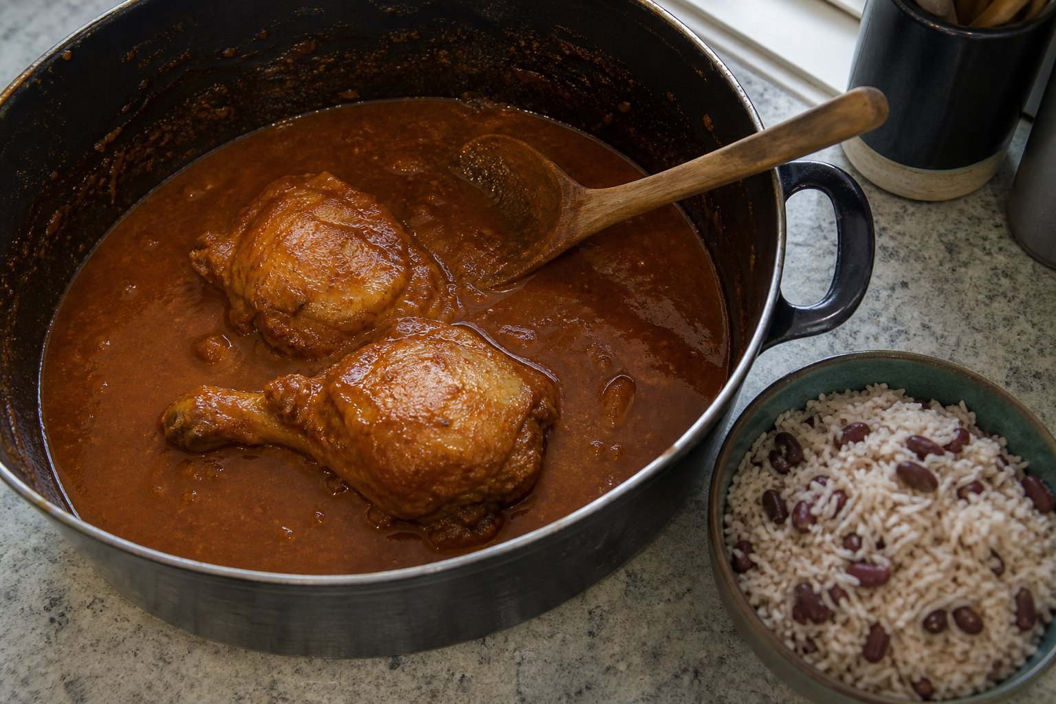 Belizean stew chicken simmering in red recado gravy beside coconut rice and red beans.
