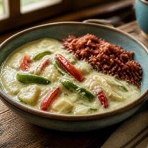 A bowl of Bhutanese ema datshi chili and cheese stew served with red rice.
