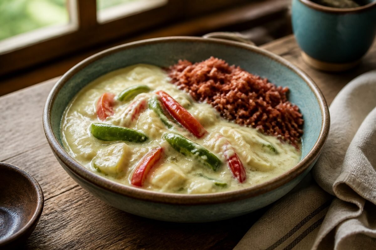 A bowl of Bhutanese ema datshi chili and cheese stew served with red rice.