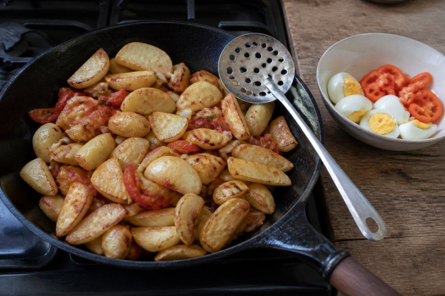 Potatoes and tomatoes cooking in a skillet for Bolivian pique macho.