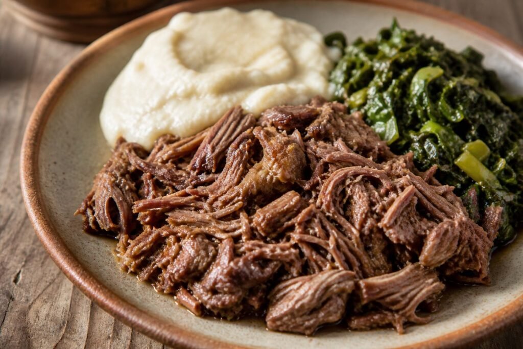 Close serving view of tender Botswana seswaa with smooth bogobe and greens.