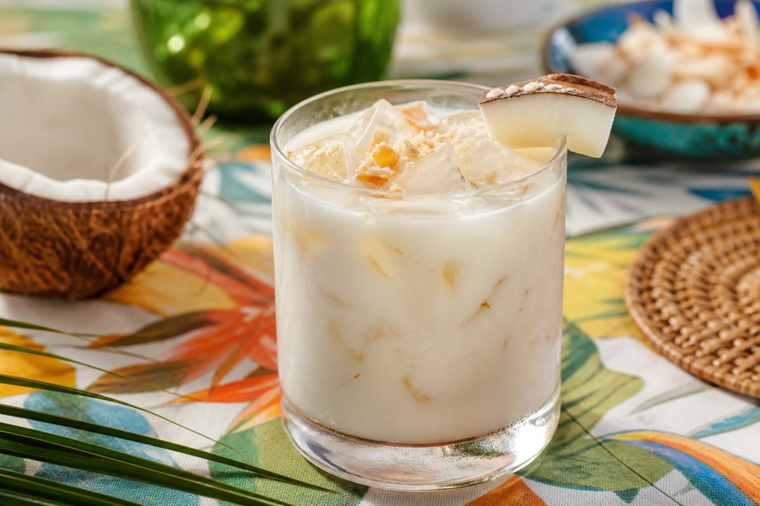 Creamy Brazilian batida de coco cocktail over ice in a chilled glass with coconut garnish.