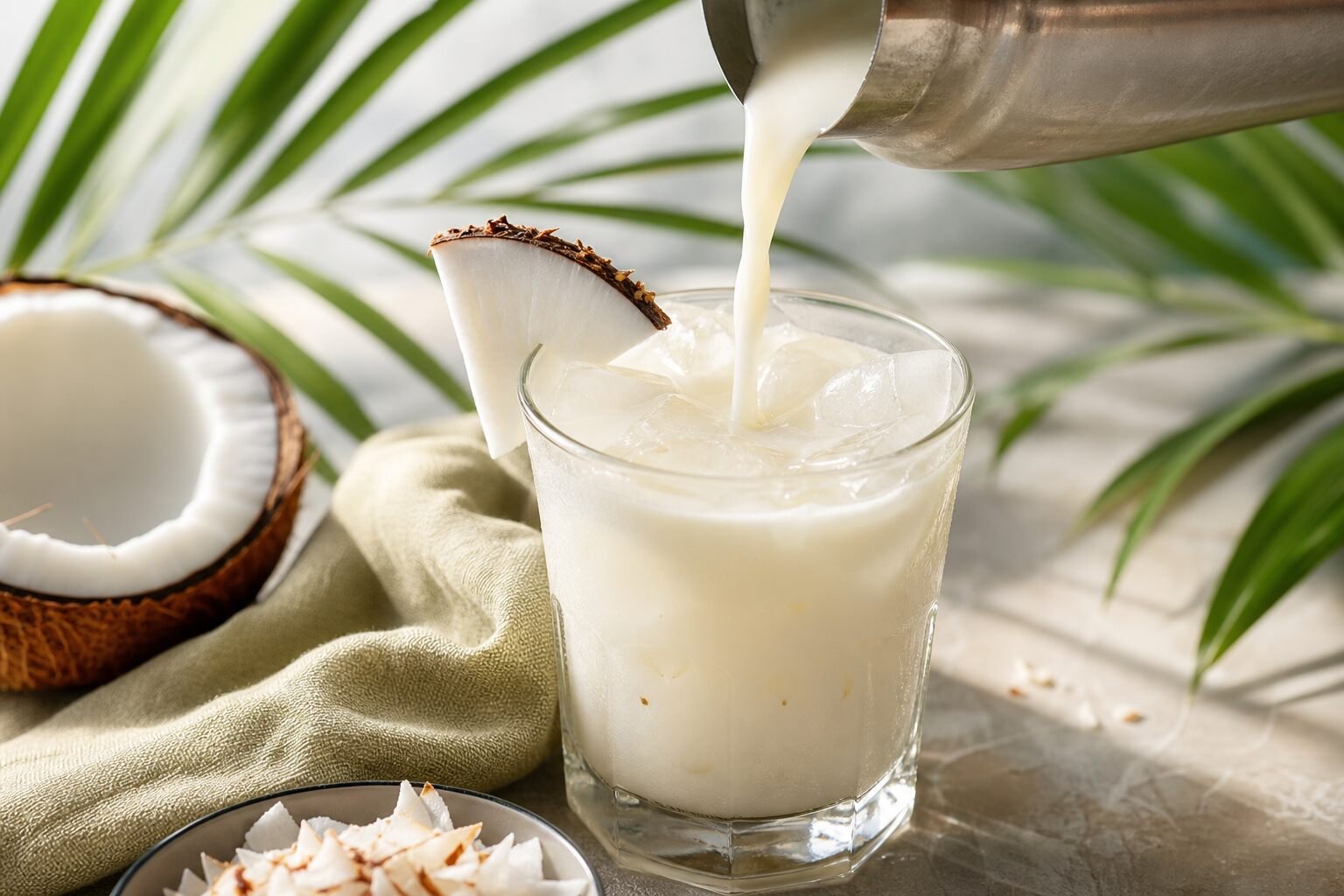 Creamy coconut cocktail being poured over ice in a chilled glass with coconut and palm leaves nearby.