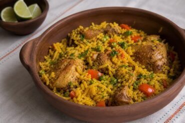 Brazilian galinhada with golden rice, chicken, peas, carrots, and peppers.