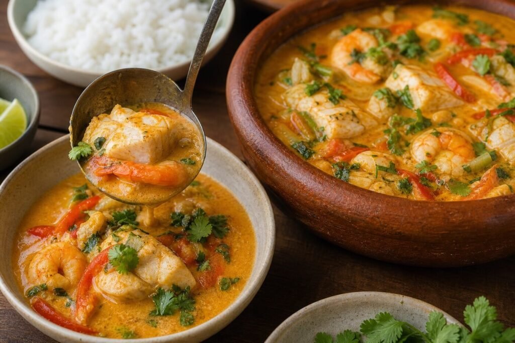 Brazilian moqueca being ladled into a bowl with fish, shrimp, peppers, and lime.