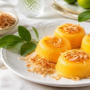 Glossy Brazilian quindim coconut egg custards topped with toasted coconut.