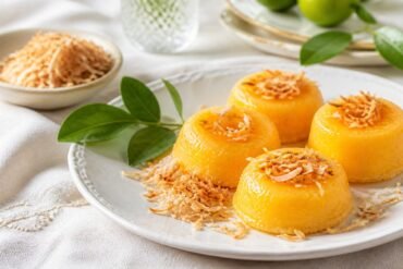 Glossy Brazilian quindim coconut egg custards topped with toasted coconut.