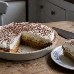 Homemade British banoffee pie with caramel, bananas, whipped cream, and chocolate.