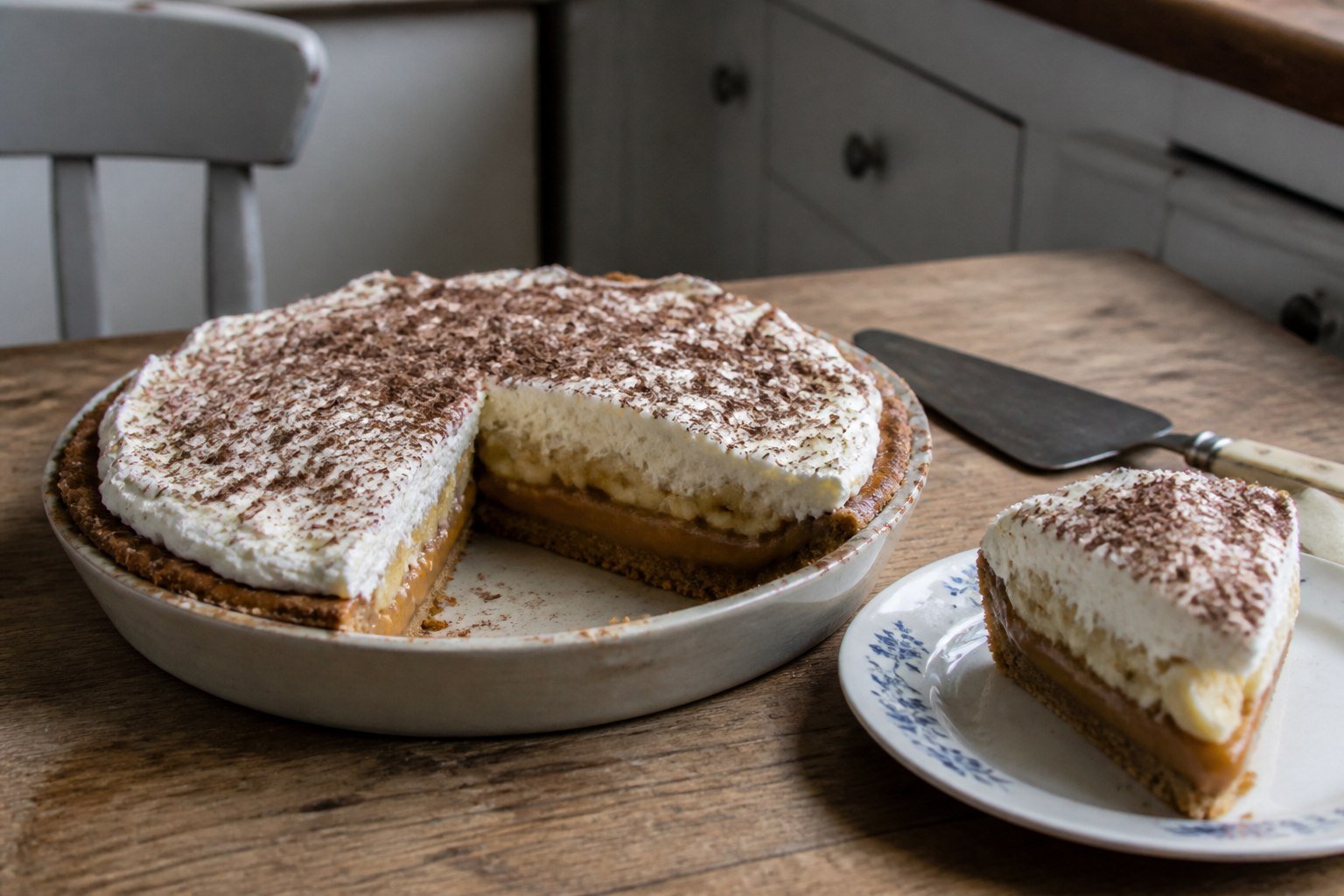 Homemade British banoffee pie with caramel, bananas, whipped cream, and chocolate.