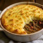 Golden mashed-potato-topped British shepherd's pie with lamb filling.