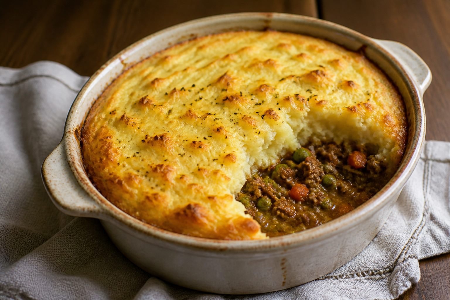 Golden mashed-potato-topped British shepherd's pie with lamb filling.