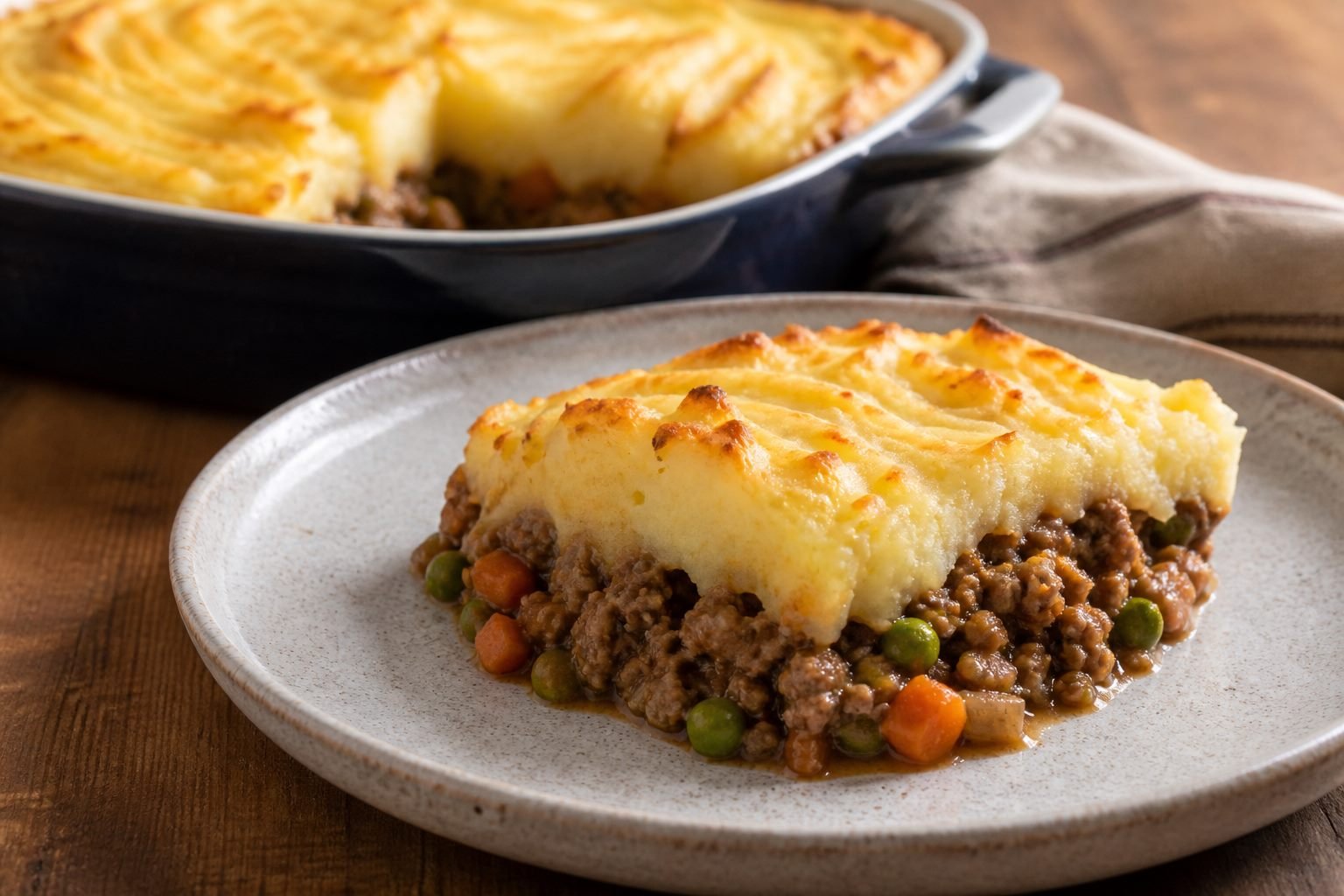 A plated serving of shepherd's pie showing lamb, peas, carrots, and mashed potato.