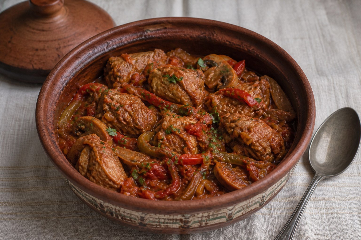 Bulgarian pork kavarma with peppers, mushrooms, onions, tomato, paprika, and parsley in a clay pot.
