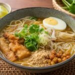 Burmese Mohinga rice noodle soup with fish broth, chickpea fritter, herbs, lime, and egg.
