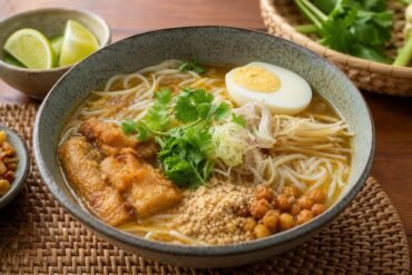 Burmese Mohinga rice noodle soup with fish broth, chickpea fritter, herbs, lime, and egg.