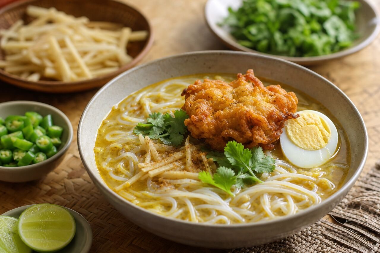 A close serving of Burmese Mohinga with rice noodles, golden fish broth, herbs, lime, and egg.