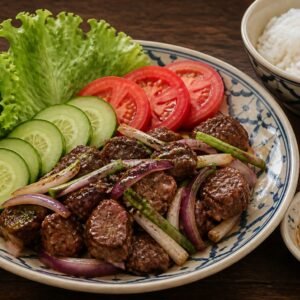 Cambodian beef lok lak with jasmine rice, lettuce, tomato, cucumber, and lime-pepper sauce.