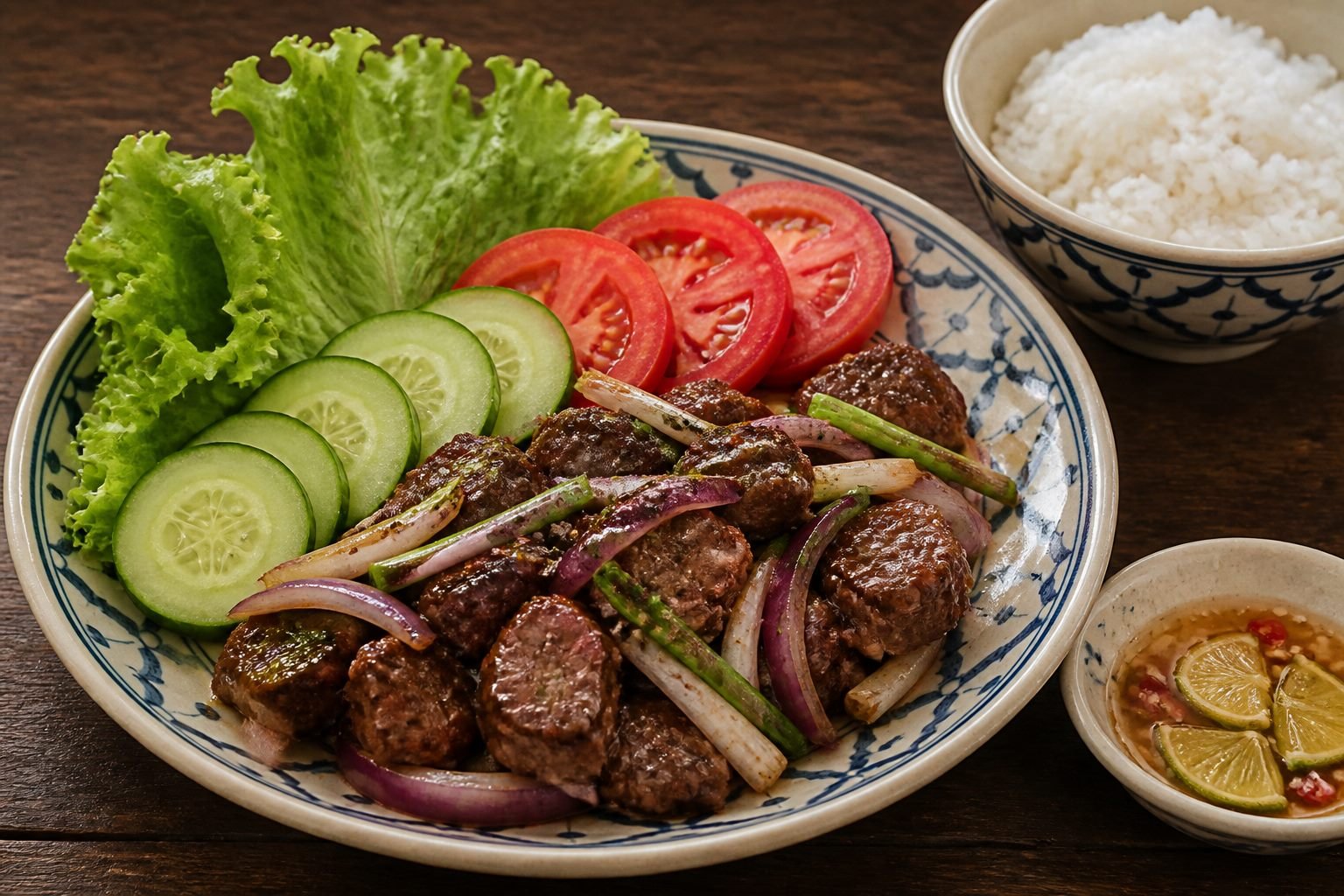 Cambodian beef lok lak with jasmine rice, lettuce, tomato, cucumber, and lime-pepper sauce.