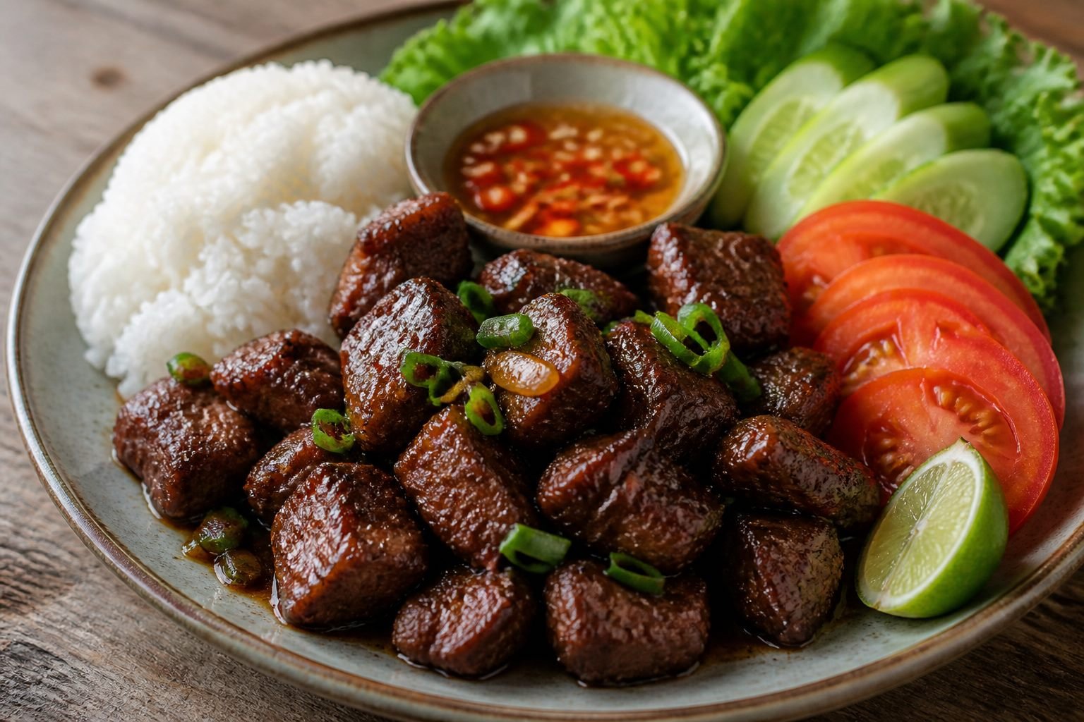 Close serving view of glossy Cambodian beef lok lak with rice and fresh vegetables.
