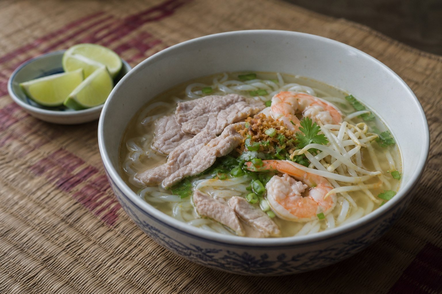 Cambodian kuy teav with pork, shrimp, rice noodles, bean sprouts, herbs, and clear broth.