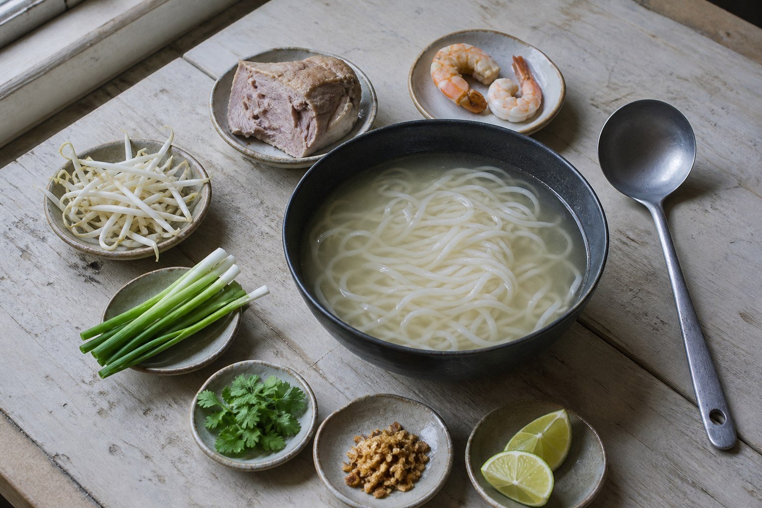 Rice noodles, pork, shrimp, sprouts, herbs, fried garlic, and lime ready for assembling kuy teav.