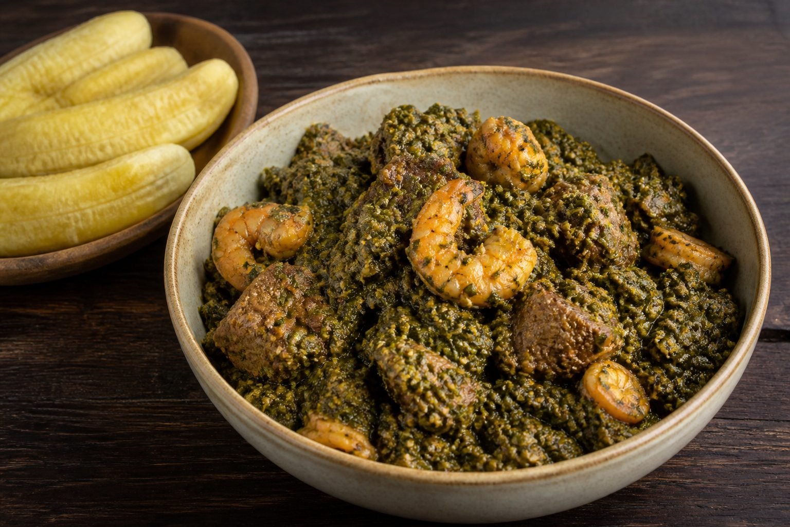 Cameroonian ndolé with beef and shrimp served beside boiled plantains.