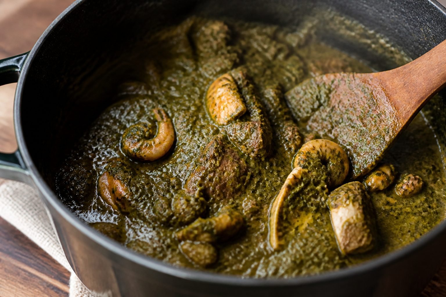 Thick bitterleaf and peanut ndolé with beef and shrimp being stirred in a pot.