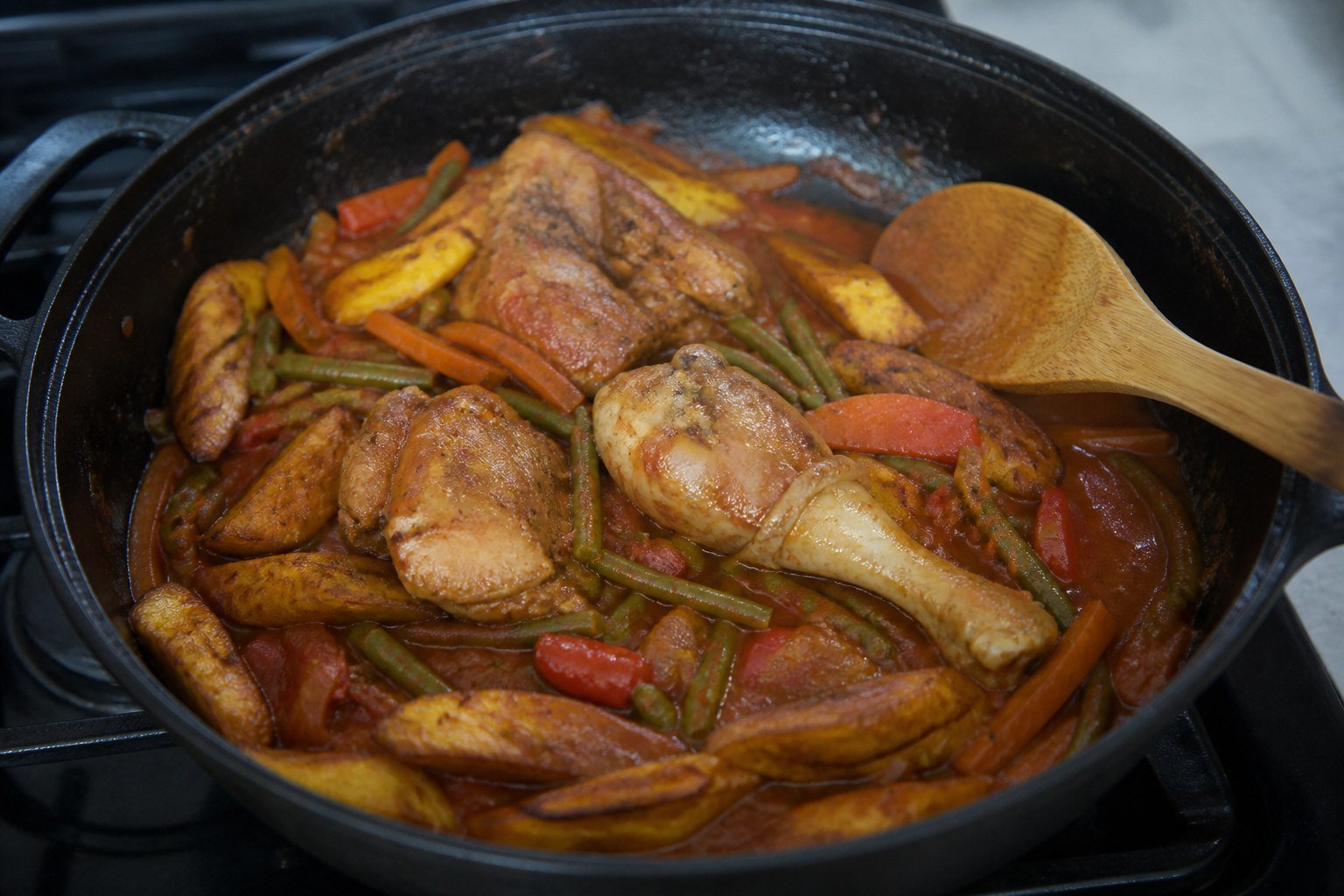Poulet DG simmering with chicken, plantain, carrots, green beans, and peppers.