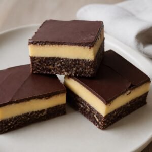 Canadian Nanaimo bars with chocolate, smooth custard, and cocoa-coconut crumb layers.