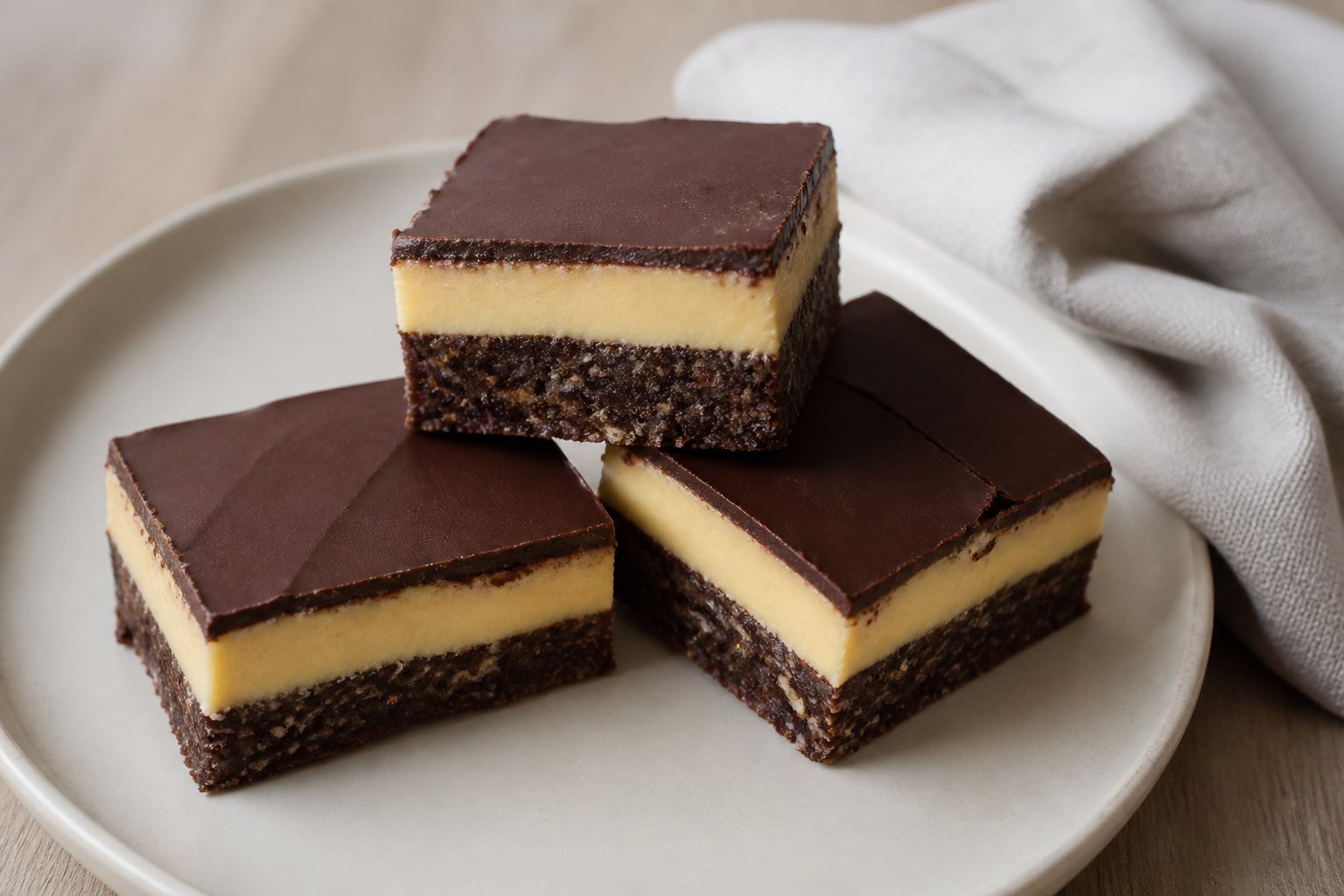 Canadian Nanaimo bars with chocolate, smooth custard, and cocoa-coconut crumb layers.