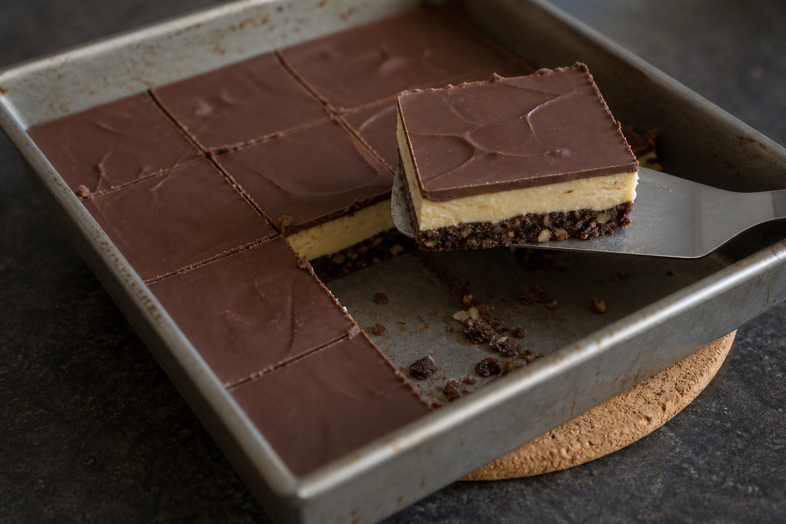 Nanaimo bars being lifted from a square pan after cutting.