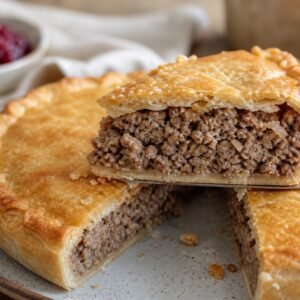 Golden Canadian tourtiere with a slice showing the savory meat filling.
