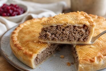 Golden Canadian tourtiere with a slice showing the savory meat filling.