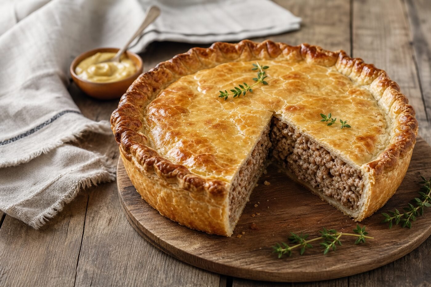 A slice of Canadian tourtiere served with cranberry relish.