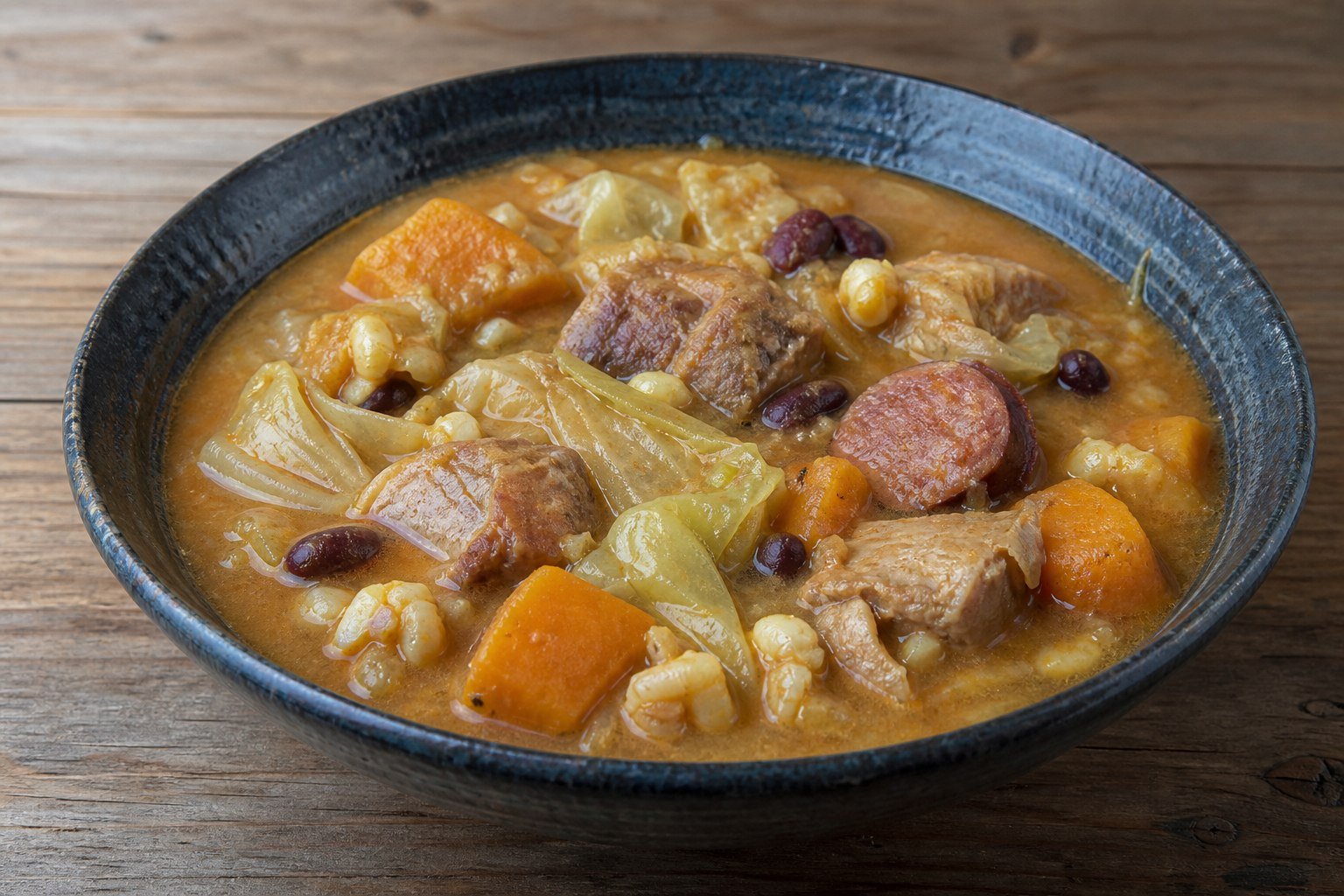 Cape Verdean cachupa rica with cracked corn, beans, pork, sausage, cabbage, and sweet potato.