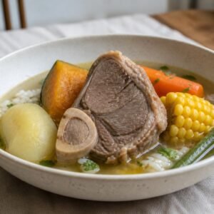 Chilean cazuela de vacuno with beef, potato, pumpkin, corn, carrots, green beans, and rice.