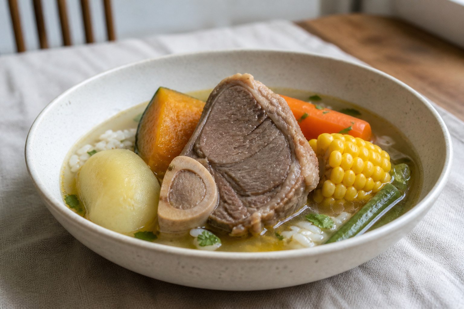 Chilean cazuela de vacuno with beef, potato, pumpkin, corn, carrots, green beans, and rice.
