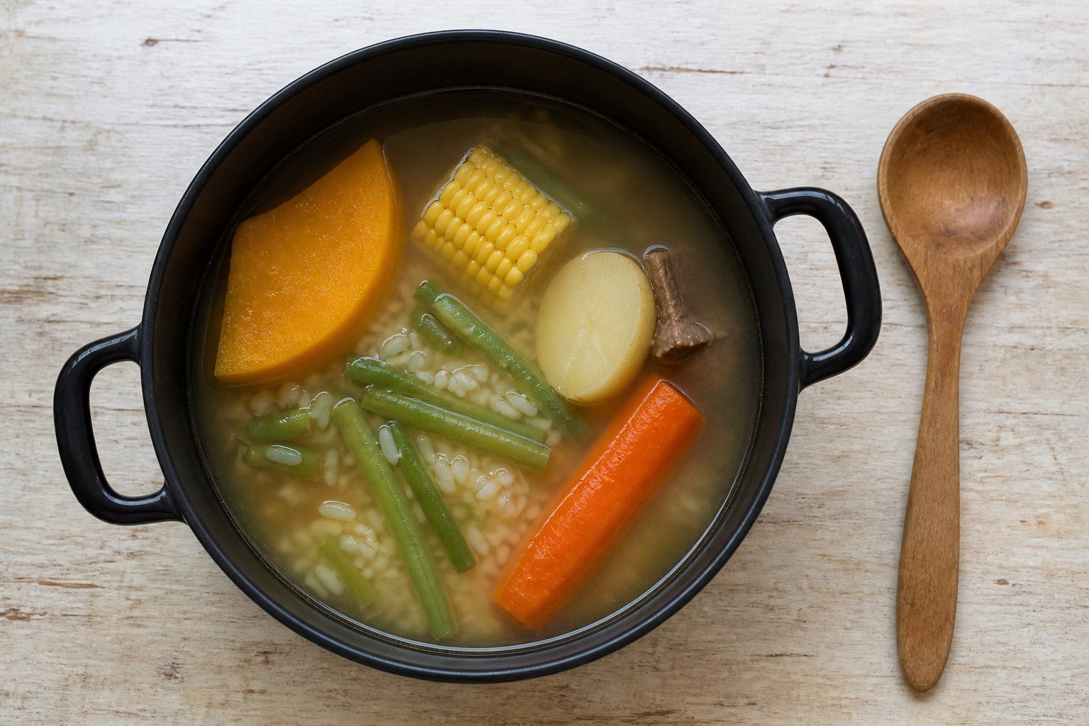 Beef and vegetables cooking gently in clear broth for Chilean cazuela de vacuno.